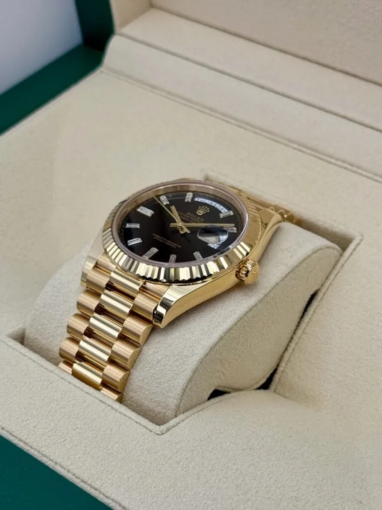 RLX Yellow Gold President Day Date 40mm Black Diamond Baguette Dial - 228238