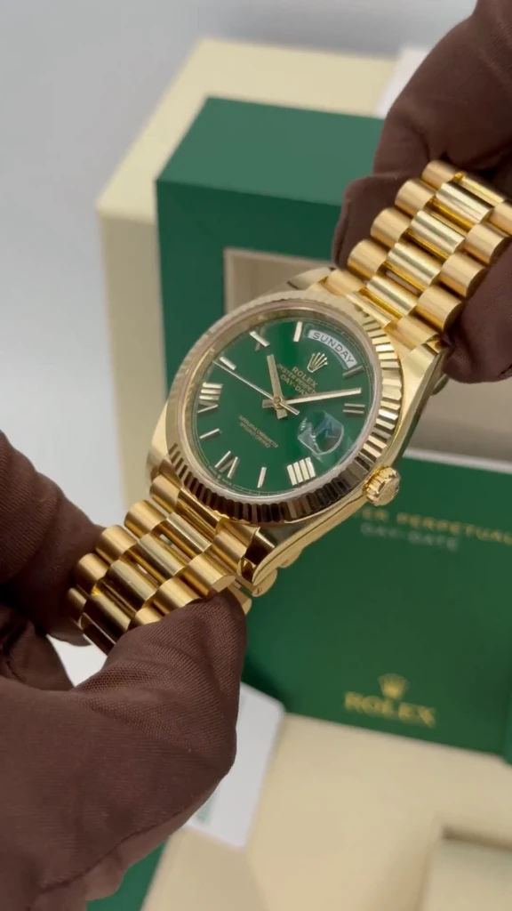 RLX Day-Date "President" 40mm Yellow Gold Green Roman "Money" Dial - 228238