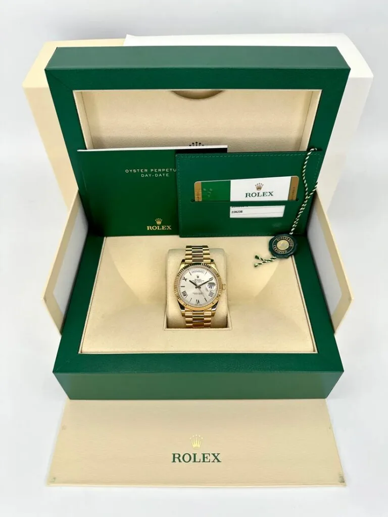 RLX Day-Date "President" 40mm Yellow Gold Silver Roman Dial - 228238