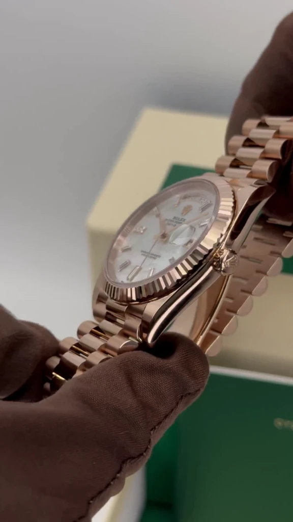 RLX Day-Date "President" 40mm Everose Gold Mother of Pearl Diamond Baguette Dial - 228235