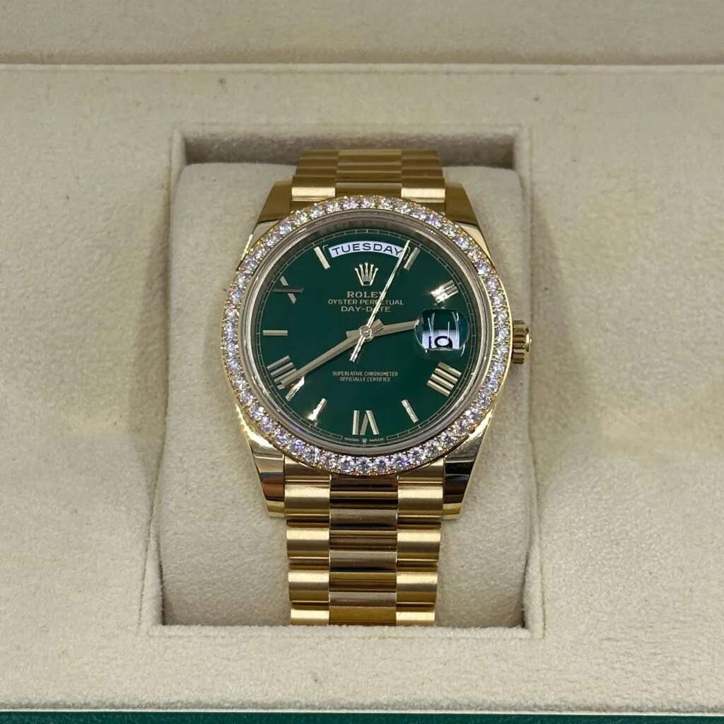 RLX Day-Date "President" 40mm Yellow Gold Green Roman Dial Diamond Bezel - 228348rbr