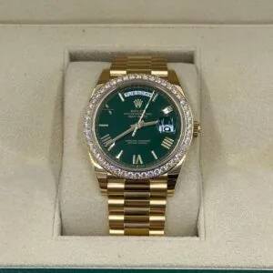 RLX Day-Date "President" 40mm Yellow Gold Green Roman Dial Diamond Bezel - 228348rbr