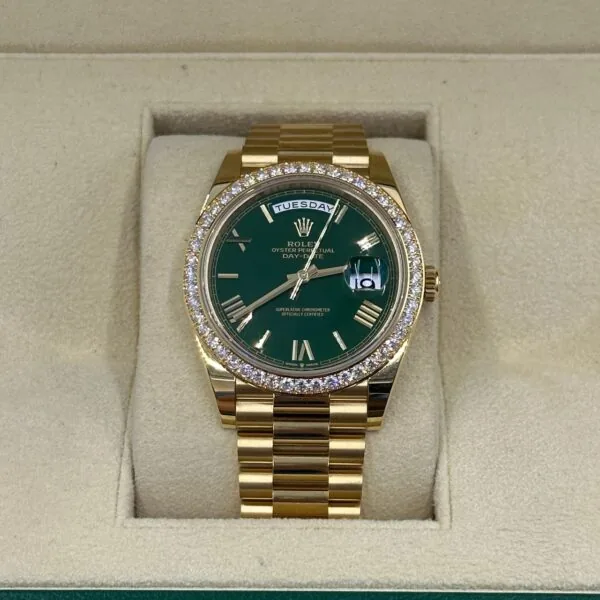 RLX Day-Date "President" 40mm Yellow Gold Green Roman Dial Diamond Bezel - 228348rbr