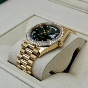 RLX Day-Date "President" 40mm Yellow Gold Green Ombre Dial Diamond Bezel - 228348rbr