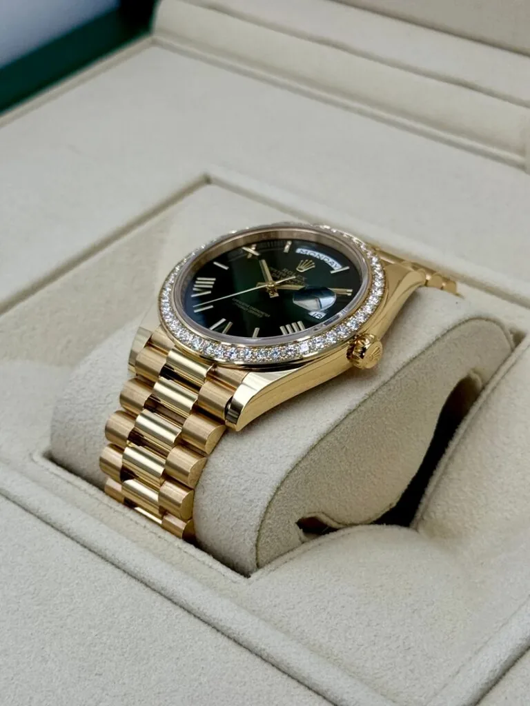 RLX Day-Date "President" 40mm Yellow Gold Green Ombre Dial Diamond Bezel - 228348rbr