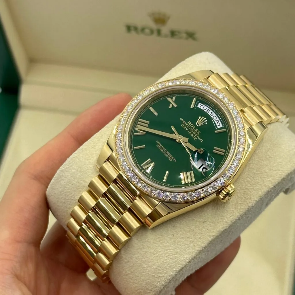 RLX Day-Date "President" 40mm Yellow Gold Green Roman Dial Diamond Bezel - 228348rbr