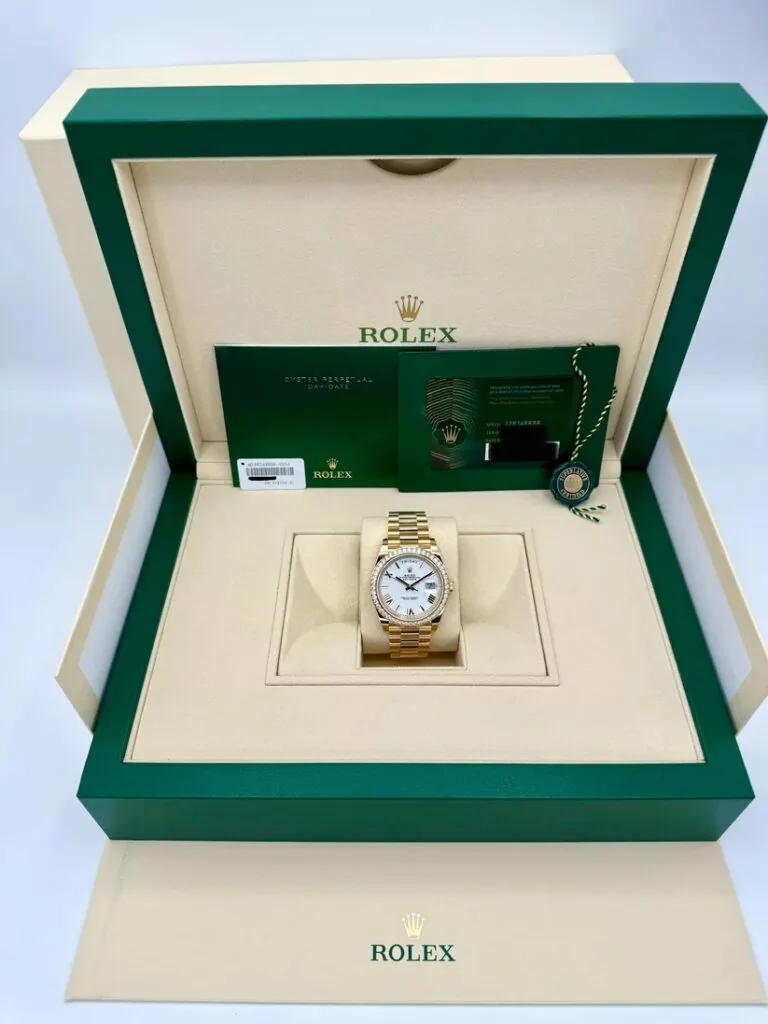 RLX Day-Date "President" 40mm Yellow Gold White Roman Dial Diamond Bezel - 228348rbr