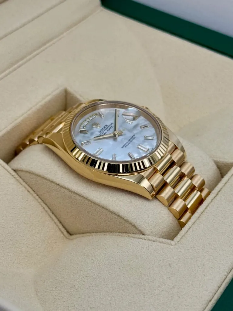 RLX Day-Date 40mm Yellow Gold President Mother of Pearl Diamond Baguette Dial - 228238