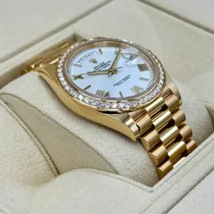 RLX Day-Date "President" 40mm Yellow Gold White Roman Dial Diamond Bezel - 228348rbr
