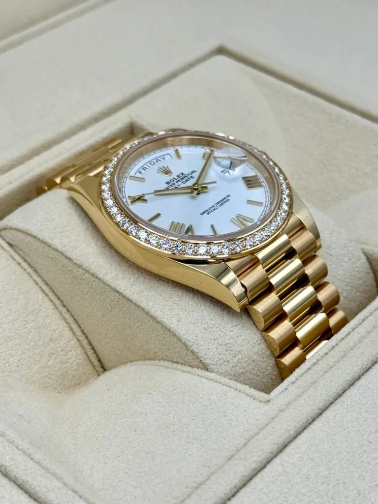 RLX Day-Date "President" 40mm Yellow Gold White Roman Dial Diamond Bezel - 228348rbr