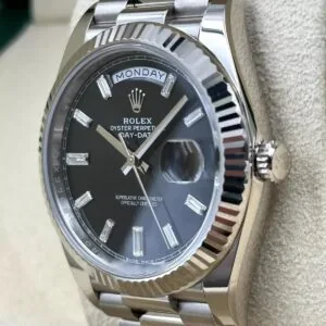RLX Day-Date "President" 40mm White Gold Black Diamond Baguette Dial - 228239