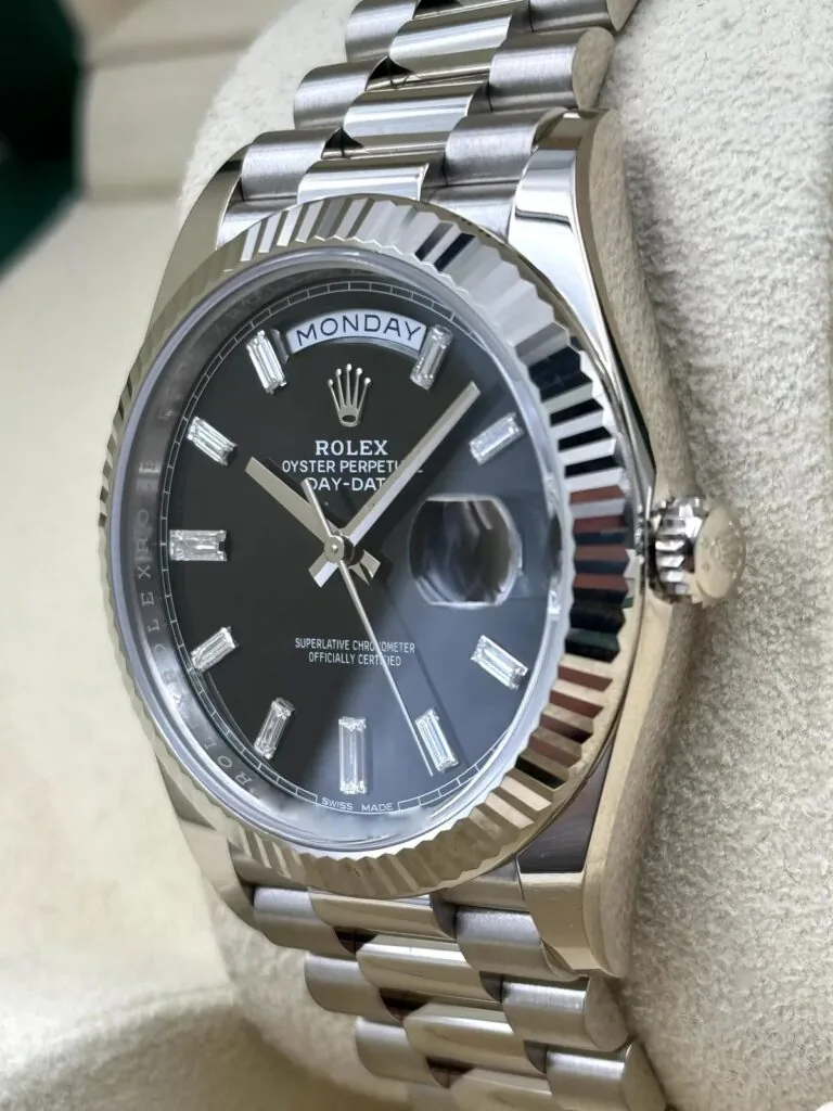 RLX Day-Date "President" 40mm White Gold Black Diamond Baguette Dial - 228239