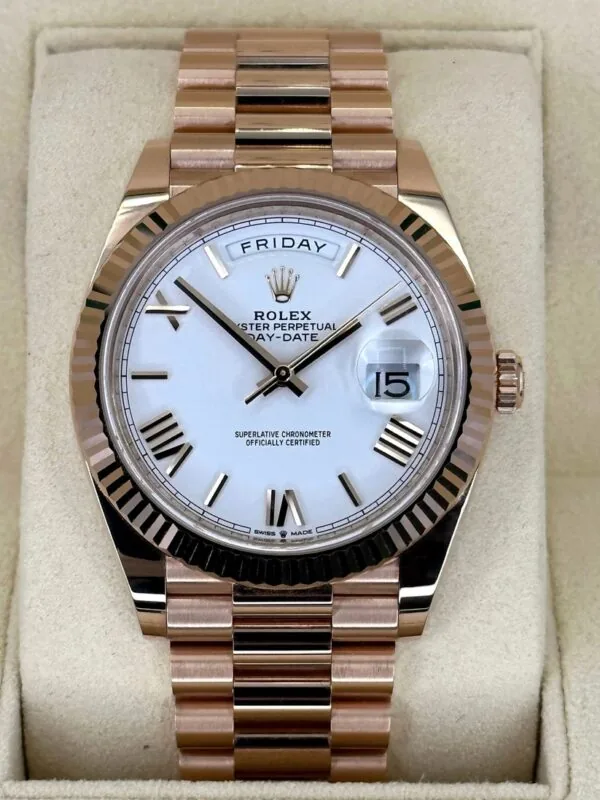 RLX Day-Date "President" 40mm Everose Gold White Roman Dial - 228235