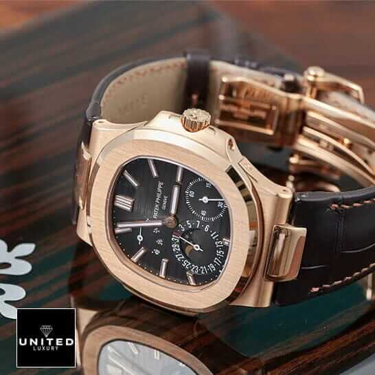 Patek Philippe Nautilus Gold Leather Replica 4 Patek Philippe 5712R Rose Gold Bezel Black Dial Replica side view