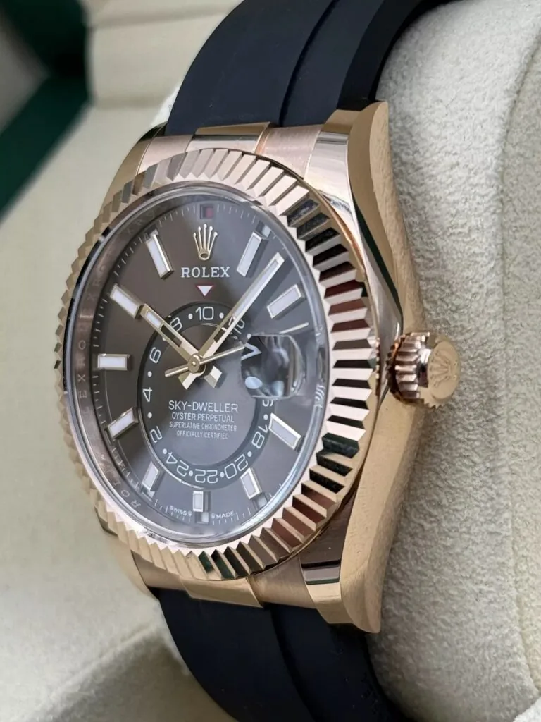 RLX Sky-Dweller 42mm Rose Gold Chocolate Dial Oysterflex - 336235