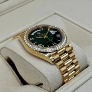 RLX Day-Date "President" 40mm Yellow Gold Green Ombre Dial Diamond Bezel - 228348rbr