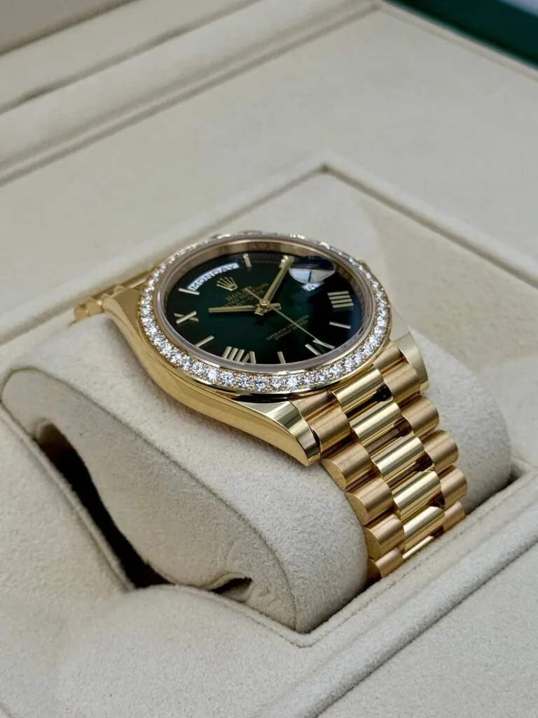 RLX Day-Date "President" 40mm Yellow Gold Green Ombre Dial Diamond Bezel - 228348rbr