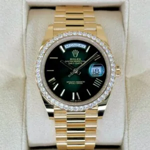 RLX Day-Date "President" 40mm Yellow Gold Green Ombre Dial Diamond Bezel - 228348rbr
