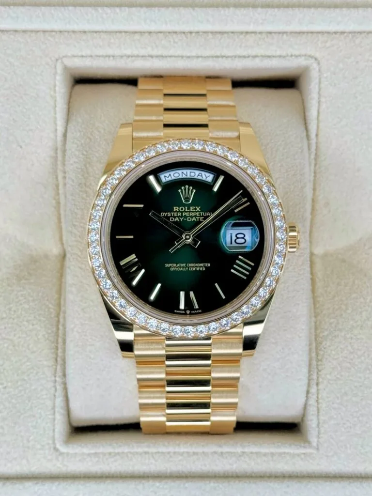 RLX Day-Date "President" 40mm Yellow Gold Green Ombre Dial Diamond Bezel - 228348rbr
