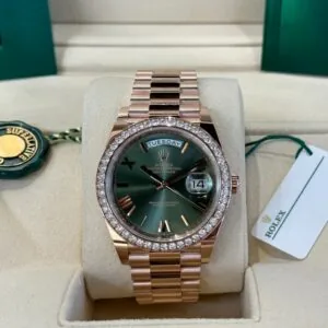 RLX "President" 40mm Everose Gold Olive Green Roman Dial Diamond Bezel - 228345RBR
