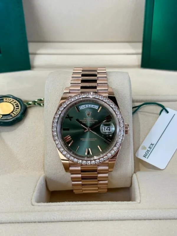 RLX "President" 40mm Everose Gold Olive Green Roman Dial Diamond Bezel - 228345RBR