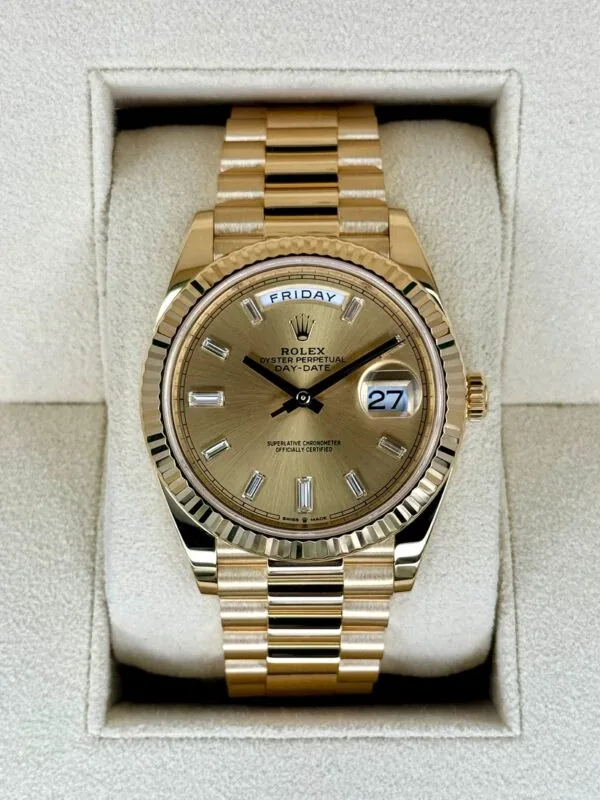 RLX Day-Date "President" 40mm Yellow Gold Champagne Diamond Baguette Dial - 228238