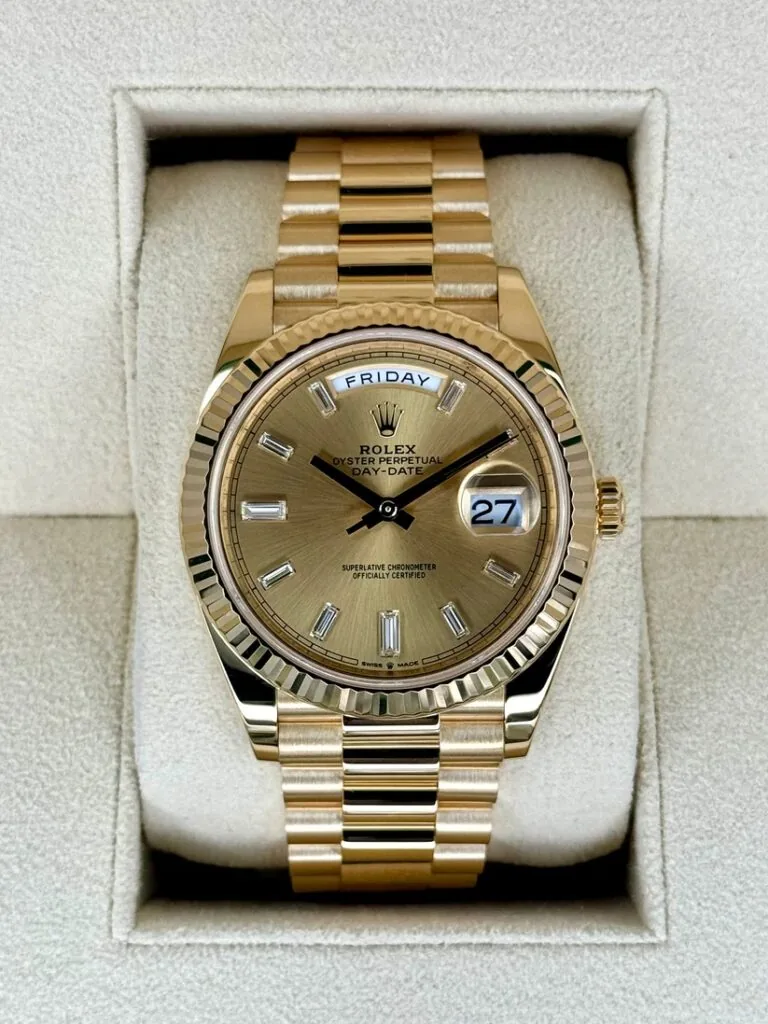 RLX Day-Date "President" 40mm Yellow Gold Champagne Diamond Baguette Dial - 228238