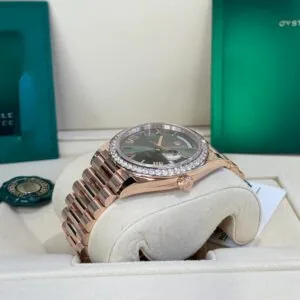 RLX "President" 40mm Everose Gold Olive Green Roman Dial Diamond Bezel - 228345RBR