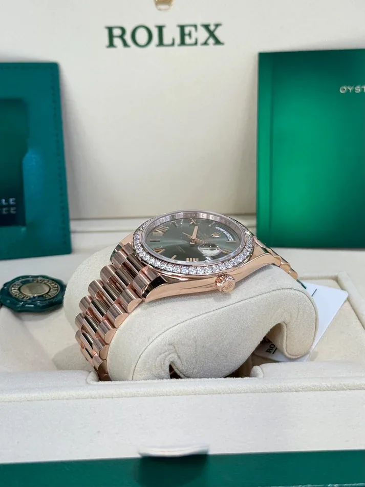 RLX "President" 40mm Everose Gold Olive Green Roman Dial Diamond Bezel - 228345RBR