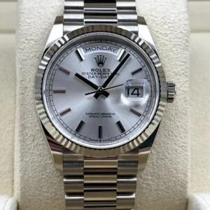 RLX Day-Date "President" 40mm White Gold Silver Diamond Baguette Dial - 228239