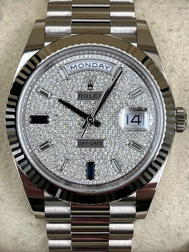 RLX Day-Date "President" 40mm White Gold Pave Diamond Sapphire Dial - 228239