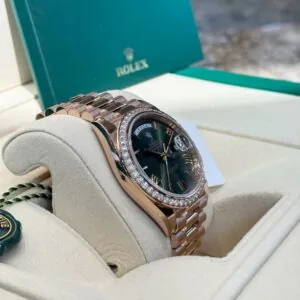 RLX "President" 40mm Everose Gold Olive Green Roman Dial Diamond Bezel - 228345RBR