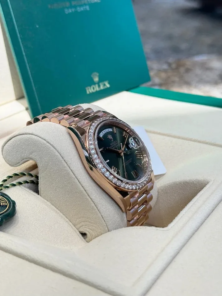 RLX "President" 40mm Everose Gold Olive Green Roman Dial Diamond Bezel - 228345RBR
