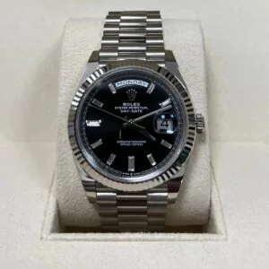 RLX Day-Date "President" 40mm White Gold Black Diamond Baguette Dial - 228239