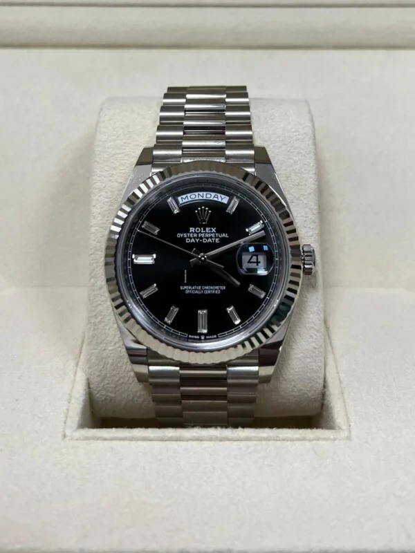 RLX Day-Date "President" 40mm White Gold Black Diamond Baguette Dial - 228239