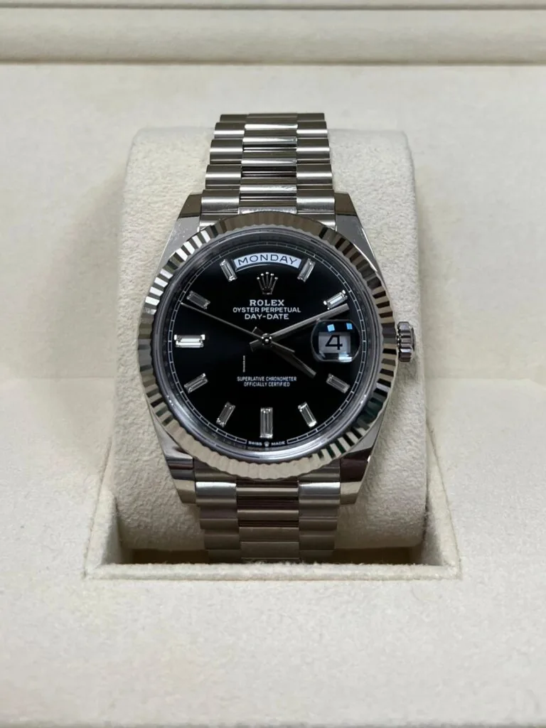 RLX Day-Date "President" 40mm White Gold Black Diamond Baguette Dial - 228239