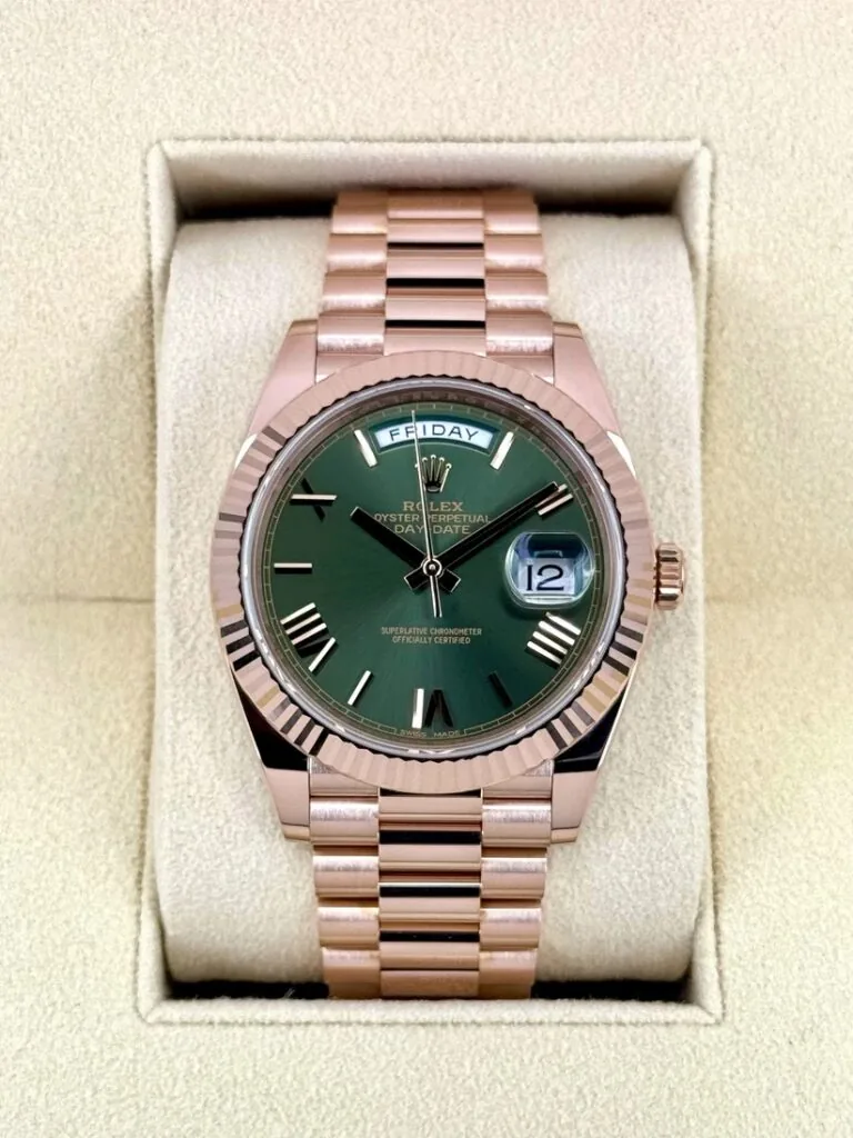 RLX Day-Date "President" 40mm Everose Gold Olive Green Roman Dial - 228235