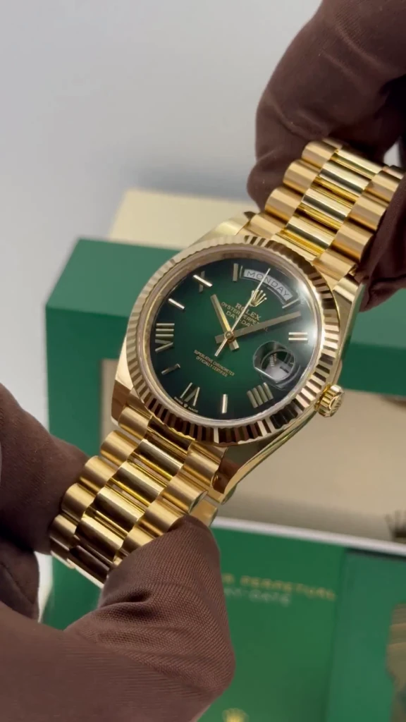RLX Yellow Gold President Day Date 40mm Green Roman Ombre Dial - 228238