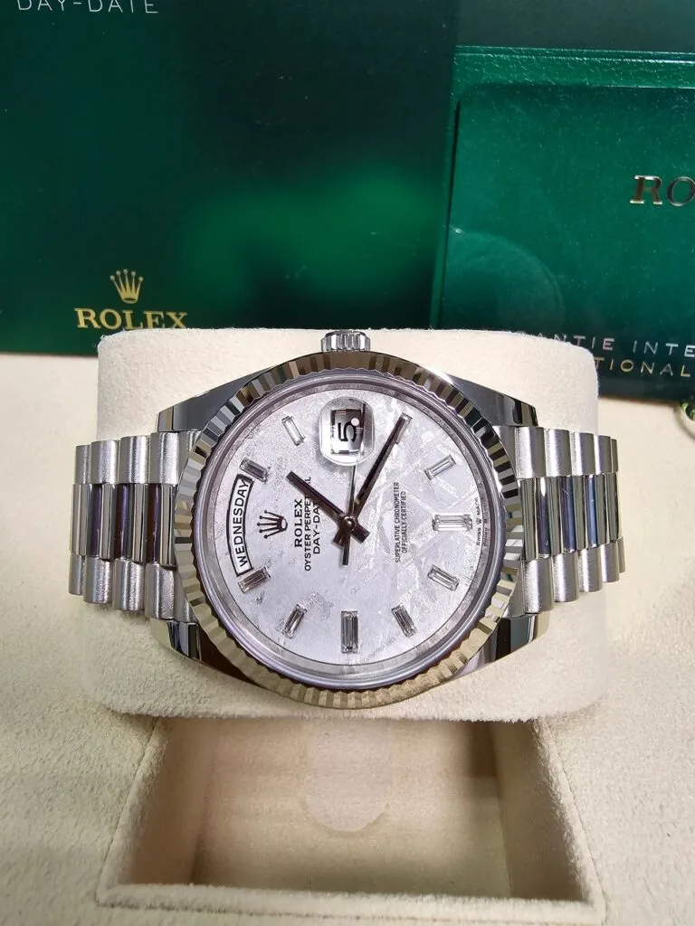 RLX Day-Date "President" 40mm White Gold Meteorite Diamond Baguette Dial - 228239