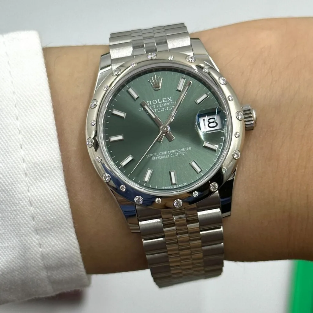RLX Datejust m278344-0019/0020 Mint Green Dial 31mm Domed Diamond Oyster Watch