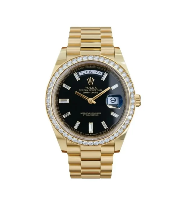 RLX Day-Date 40mm Black Diamond Dial and Diamond Bezel Yellow Gold President Bracelet 228348RBR-0001