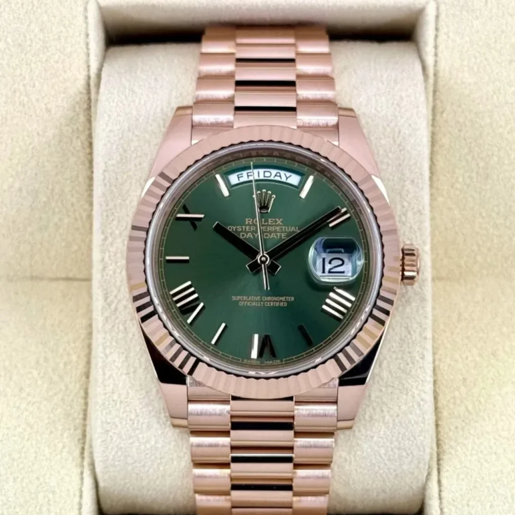 RLX Day-Date "President" 36mm Everose Gold Olive Green Roman Dial 128235