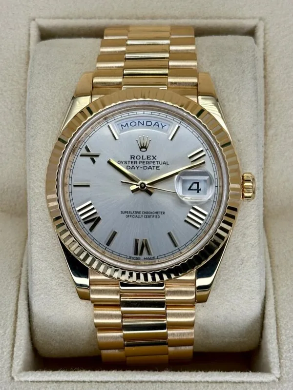 RLX Day-Date "President" 40mm Yellow Gold Silver Roman Dial - 228238