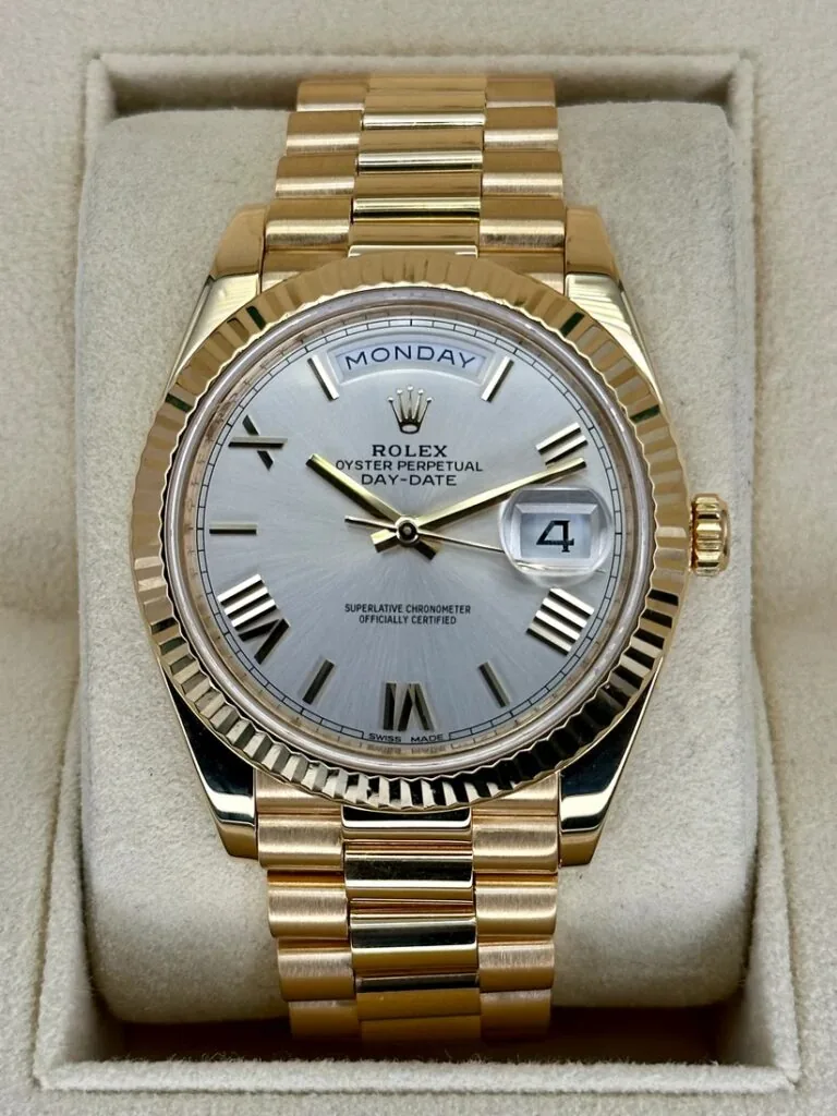 RLX Day-Date "President" 40mm Yellow Gold Silver Roman Dial - 228238