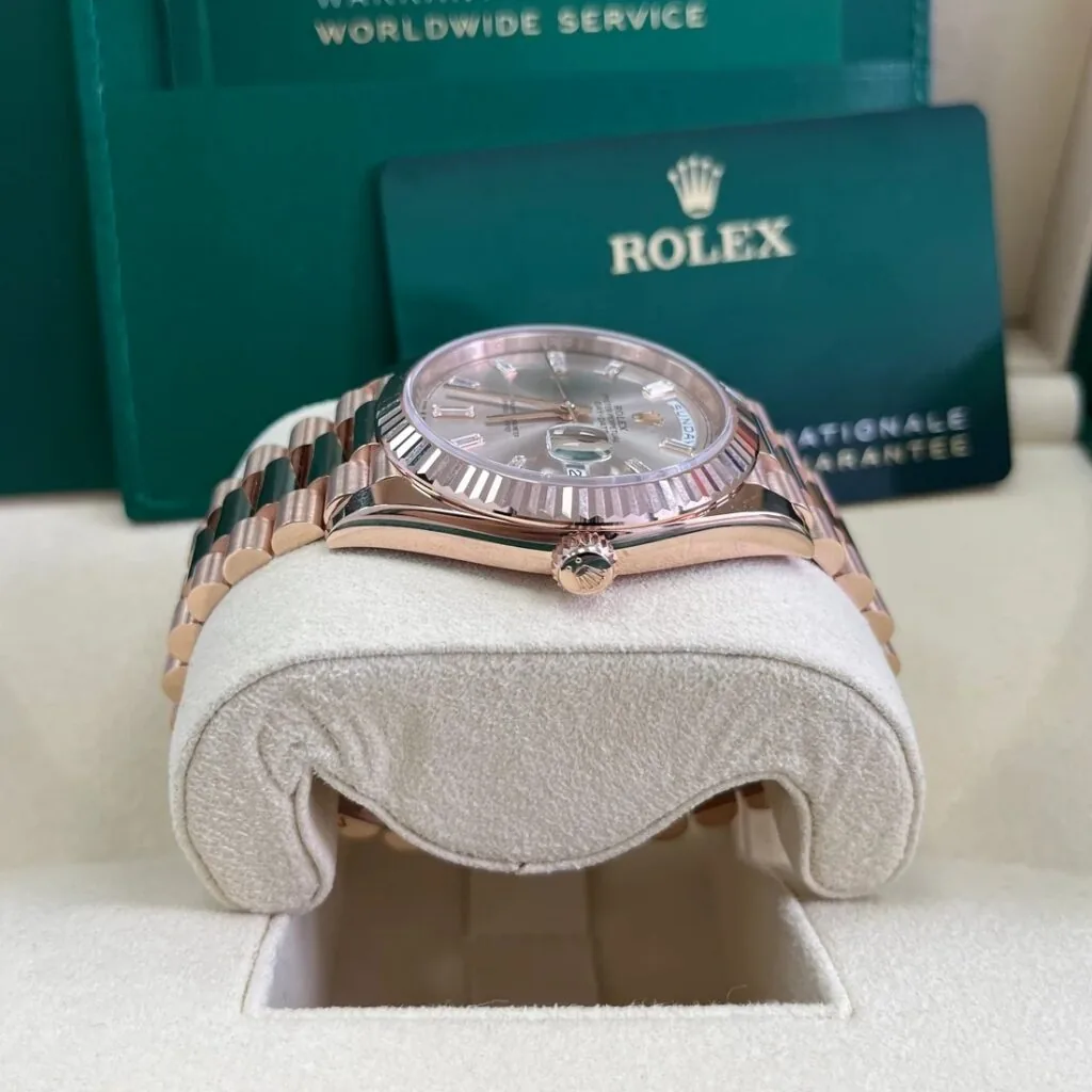 RLX Day-Date "President" 40mm Everose Gold Sundust Diamond Baguette Dial - 228235
