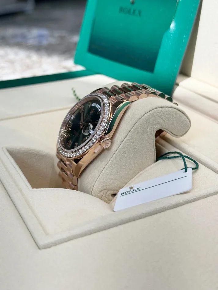 RLX "President" 40mm Everose Gold Olive Green Roman Dial Diamond Bezel - 228345RBR