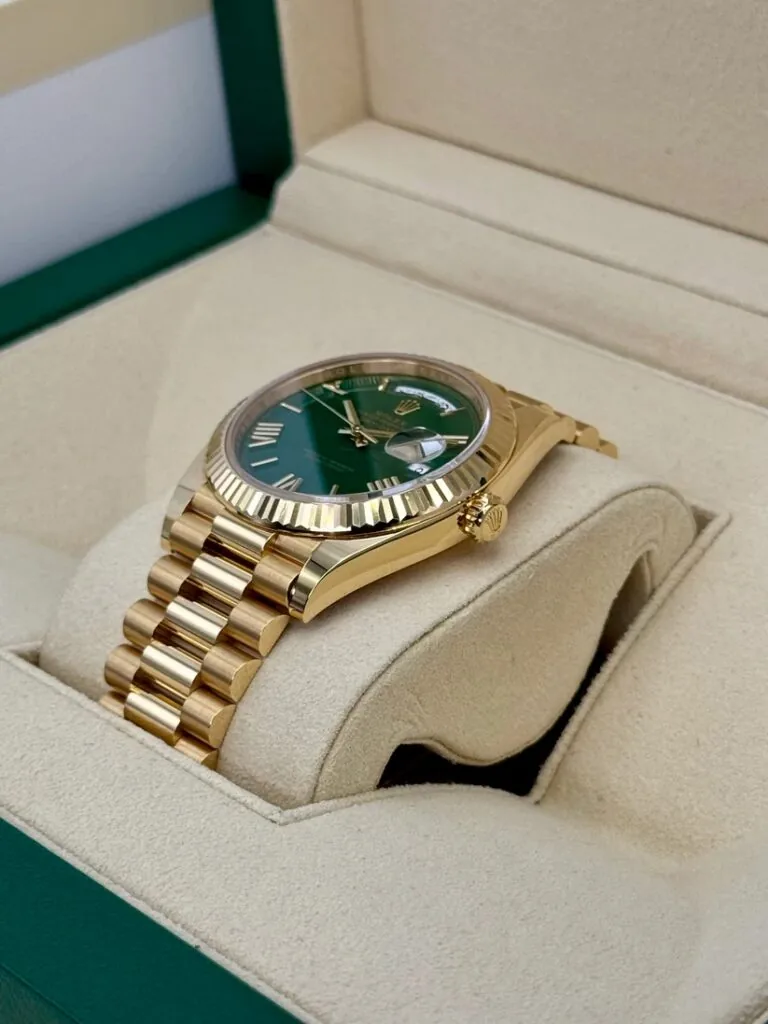 RLX Day-Date "President" 40mm Yellow Gold Green Roman "Money" Dial - 228238