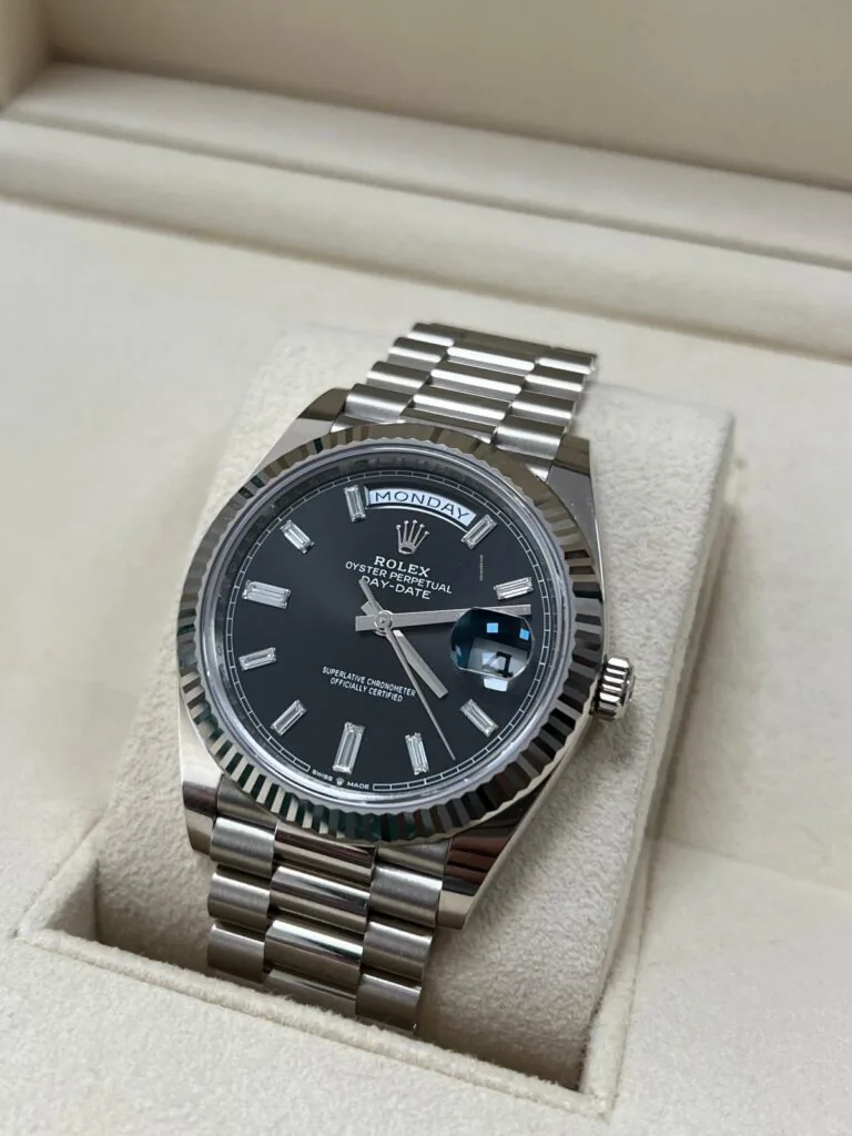 RLX Day-Date "President" 40mm White Gold Black Diamond Baguette Dial - 228239