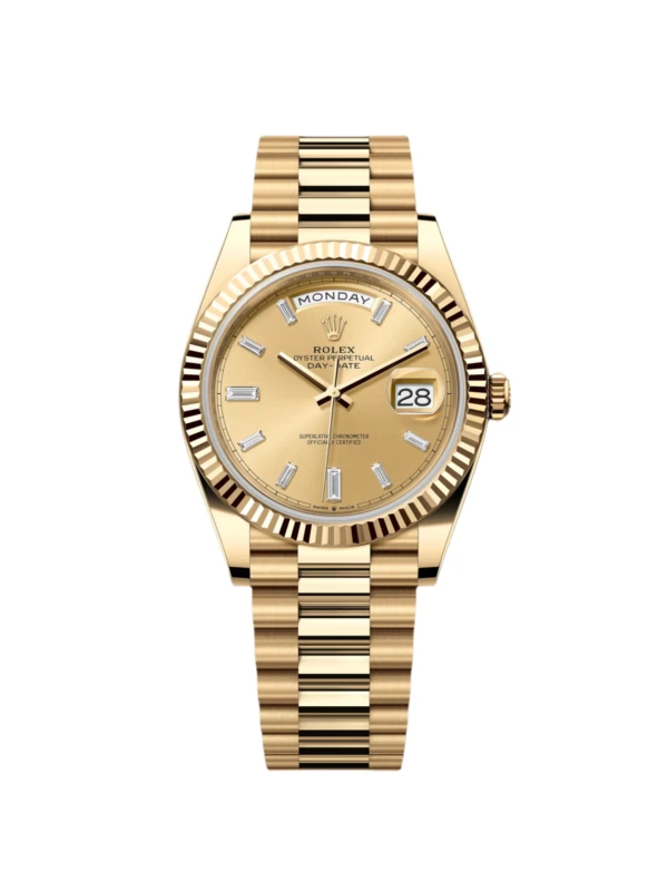 RLX Day-Date "President" 40mm Yellow Gold Champagne Diamond Baguette Dial - 228238