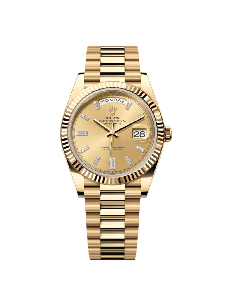 RLX Day-Date "President" 40mm Yellow Gold Champagne Diamond Baguette Dial - 228238